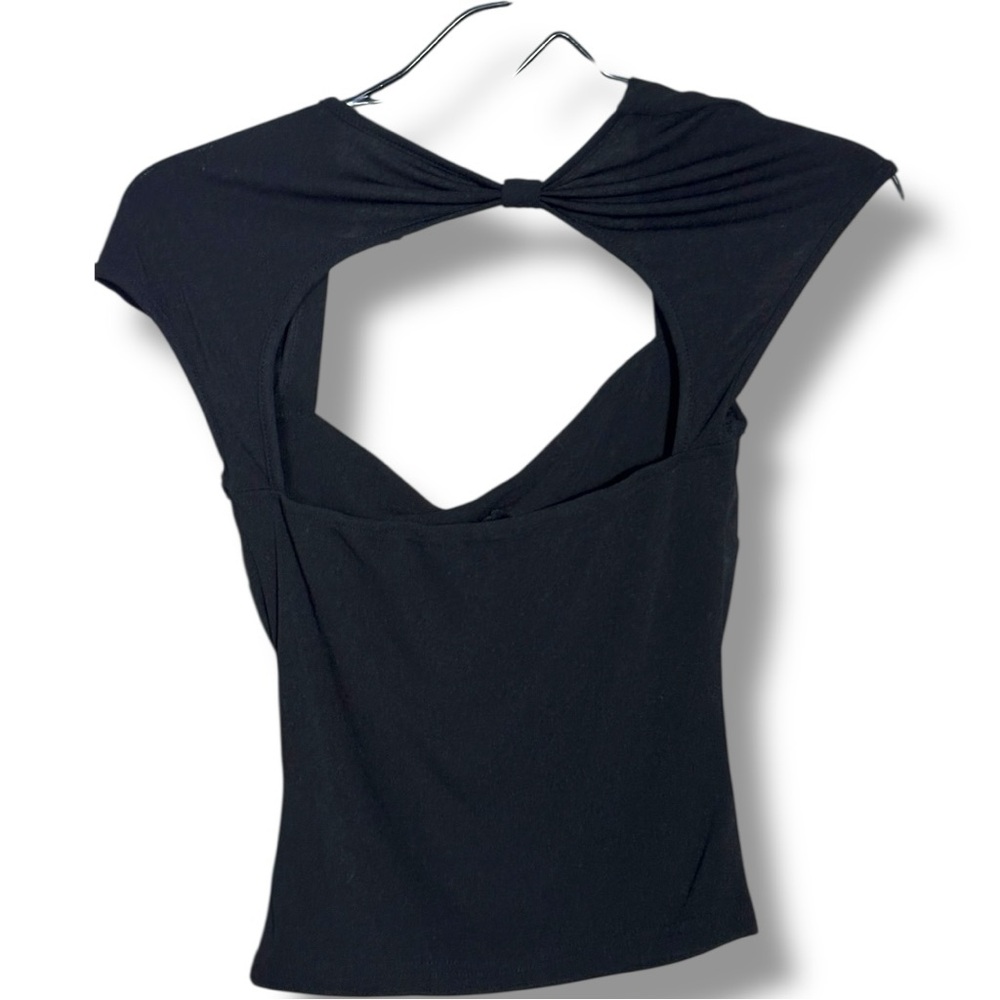 Unbranded Chic Black Cutout Back Slim Fitting Stretchy Short Sleeve Top - Picture 9 of 10